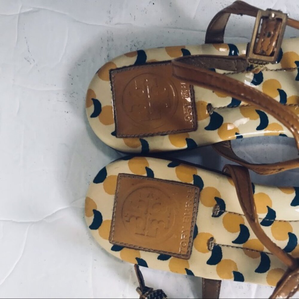 Tory Burch Emmy Thong T Strap Leather Sandals Ballet Flats Patent Graphic Print - Picture 6 of 15